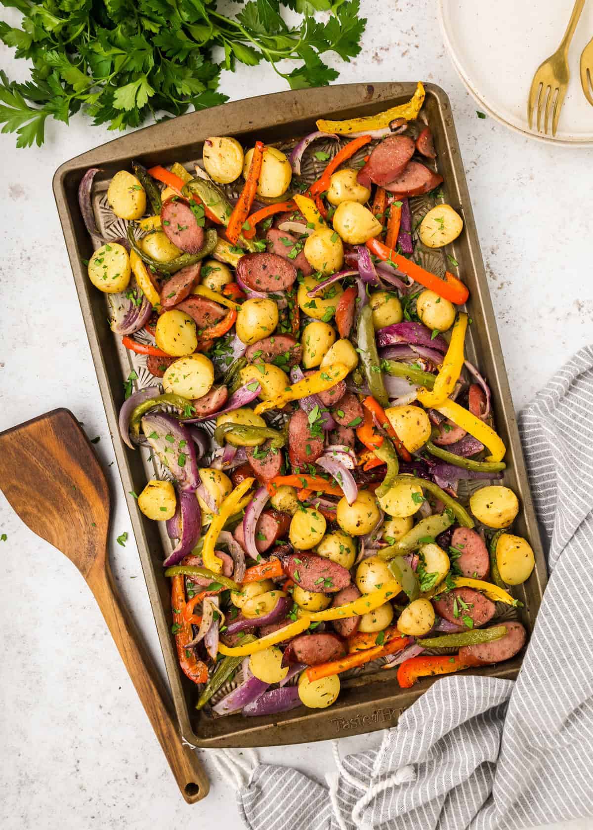 Sheet Pan Sausage and Vegetables on sheet pan.