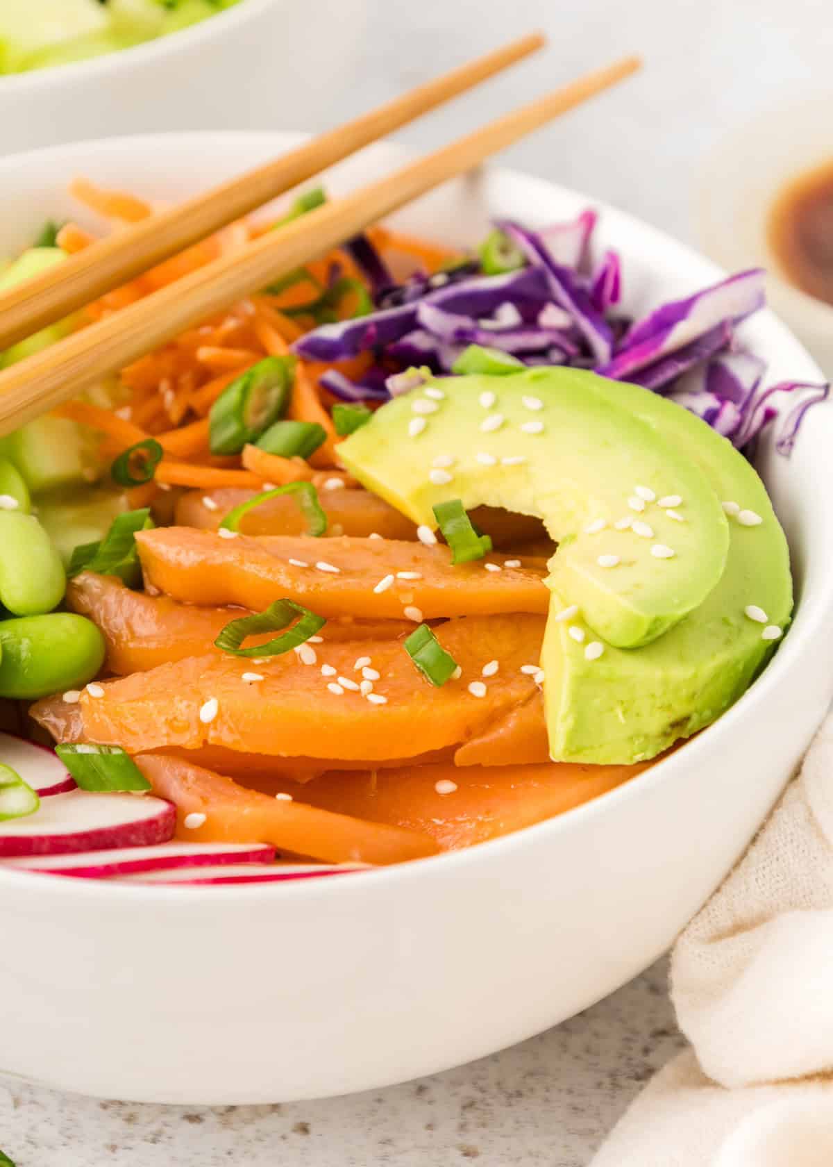 Close up of Salmon Poke Bowl.