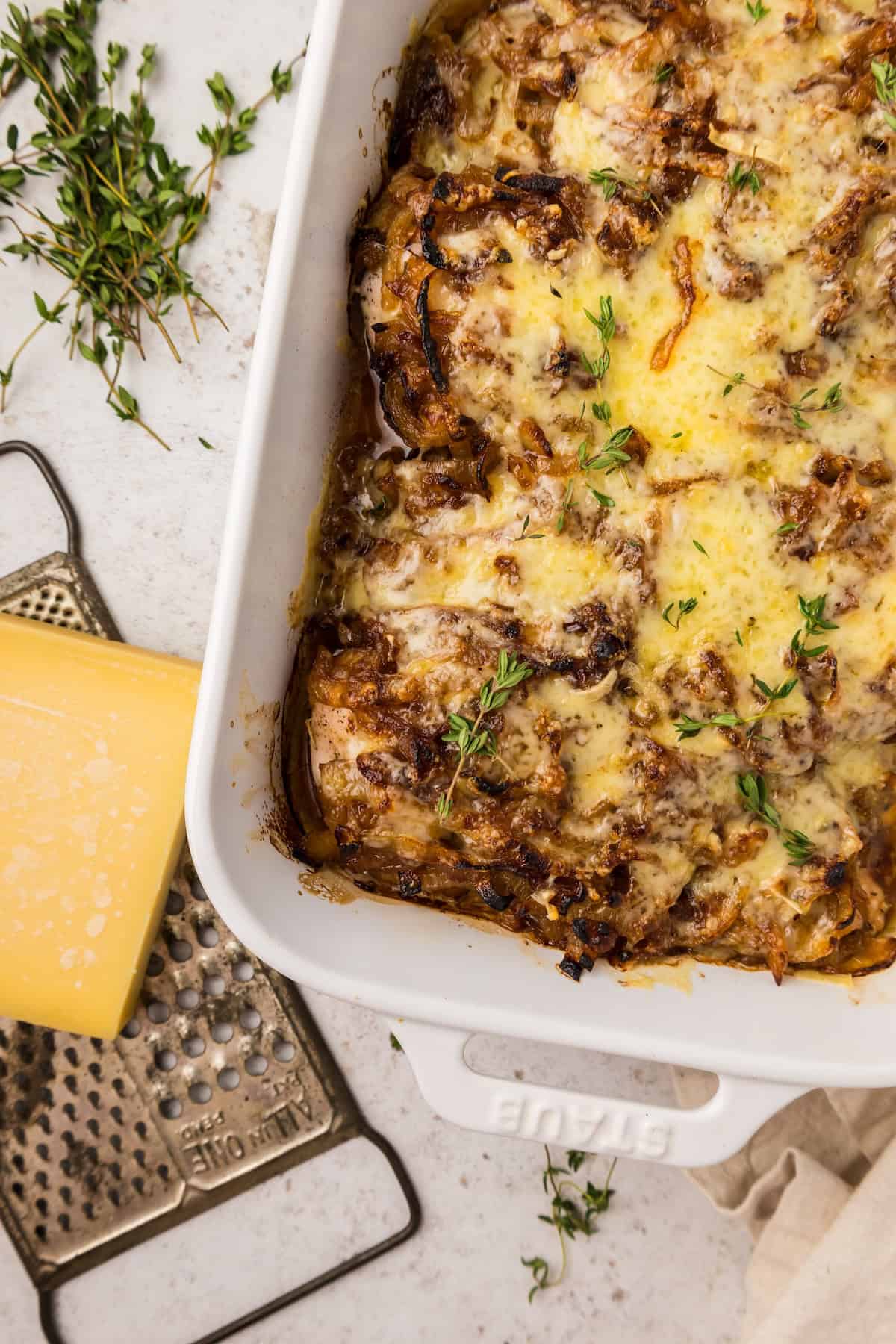 French Onion Chicken in casserole dish.