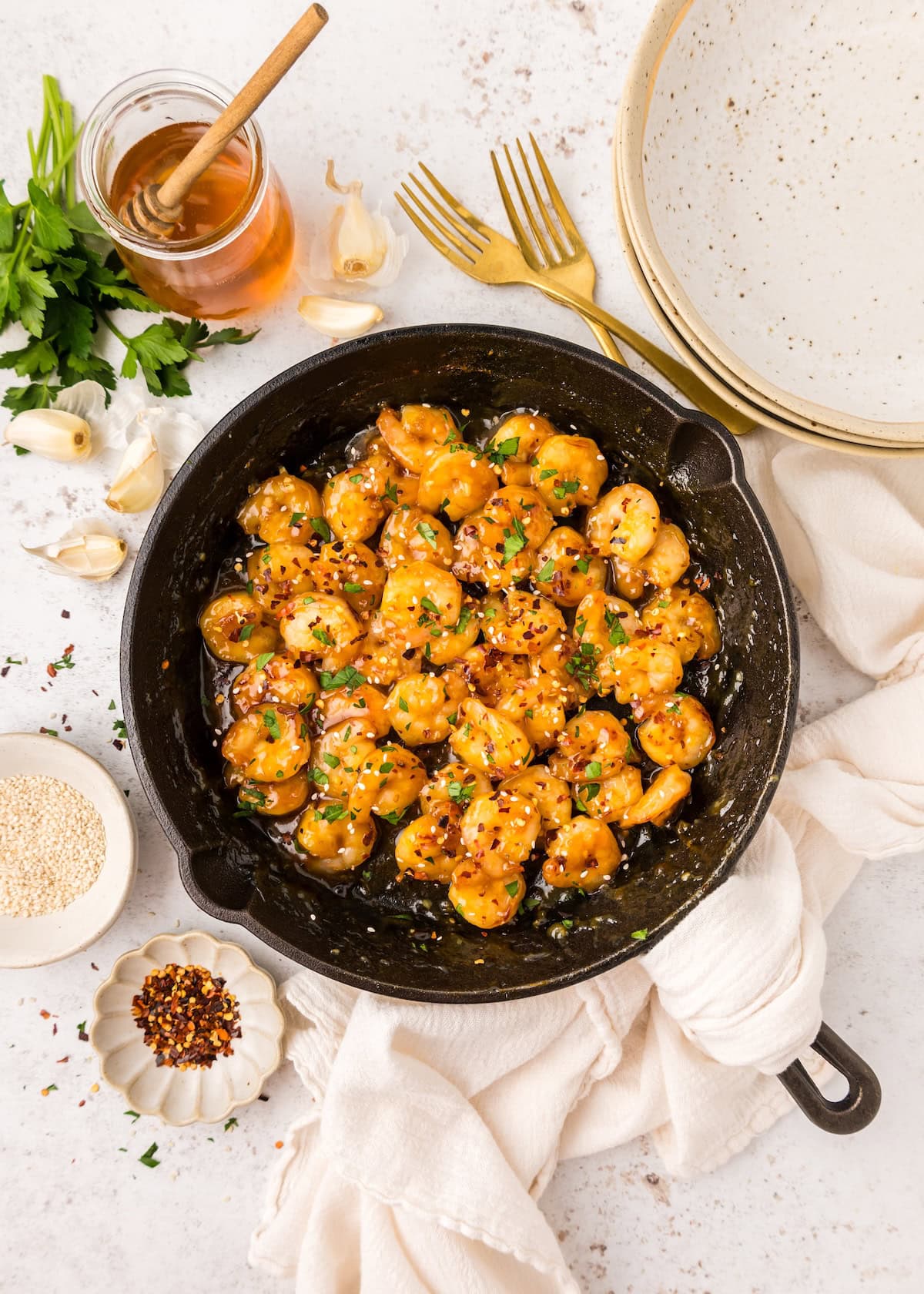 Top shot of Honey Garlic Shrimp.