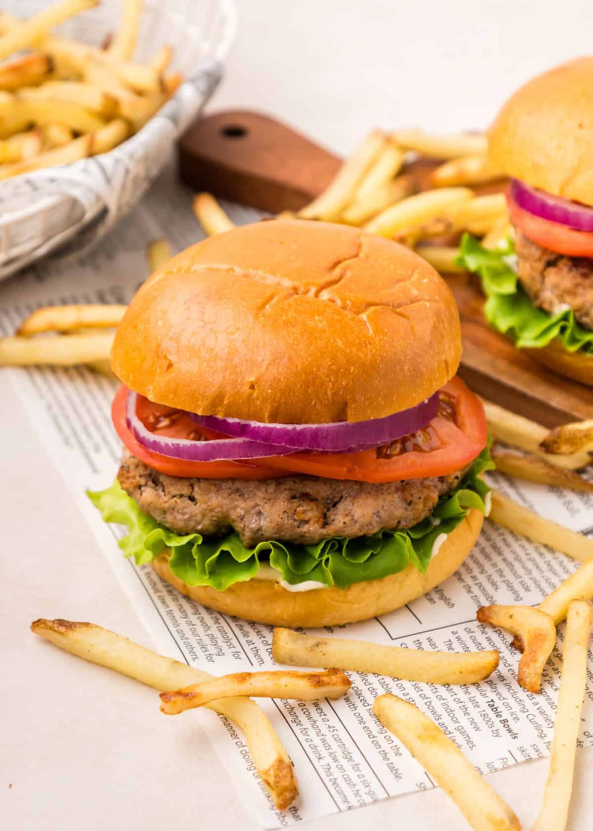 Top shot of Turkey Burger with french fries.