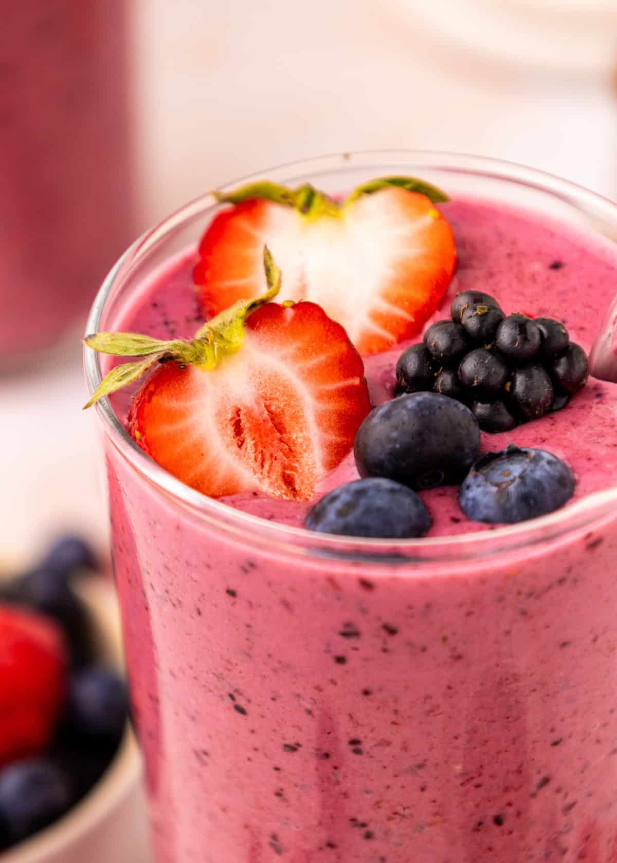 Close up of Berry Kefir Smoothie with fresh berries.