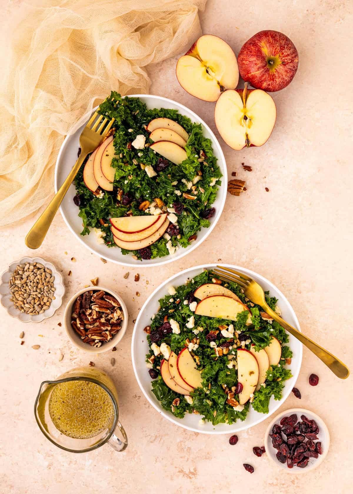 Enjoy a fresh Kale Apple Salad with nuts, cranberries, and dressing on the side.