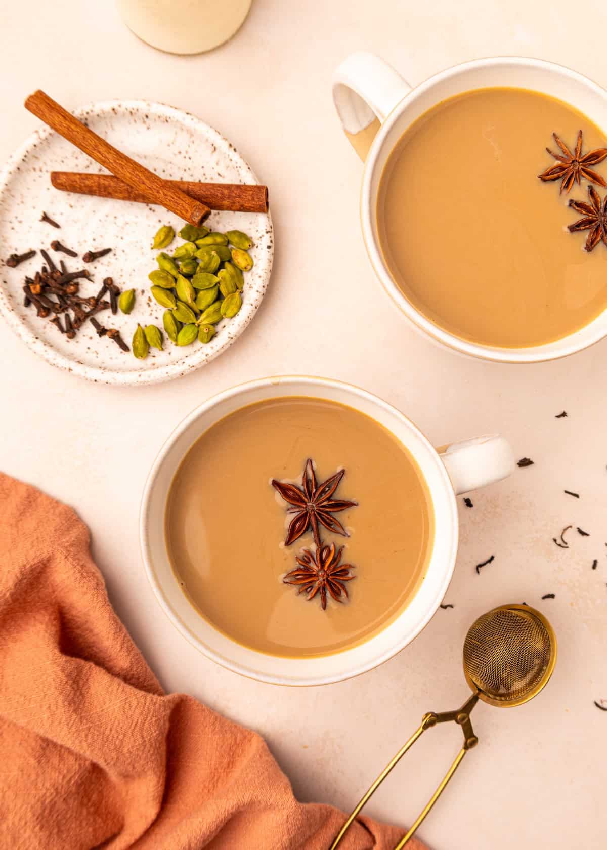 Top down shot of Masala Chai tea and ingredients.