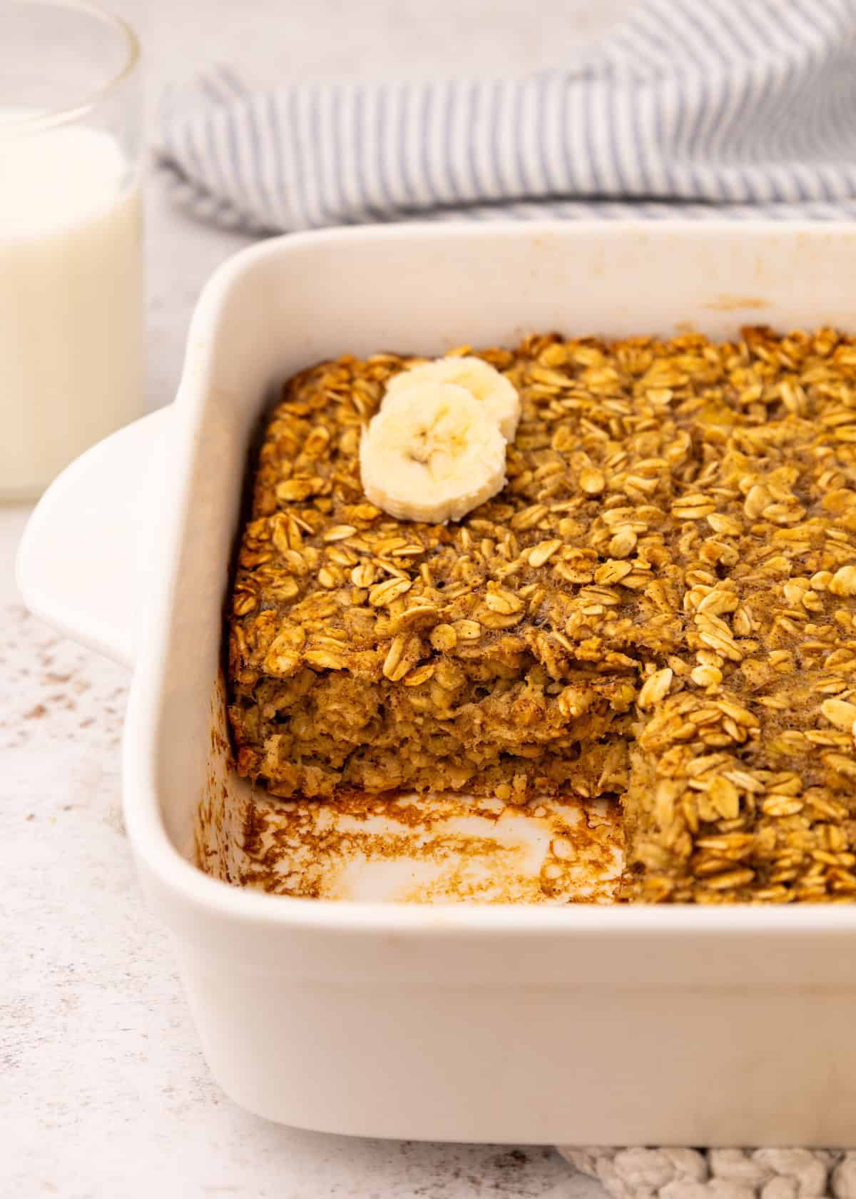 Baked Banana Oatmeal with slice missing.