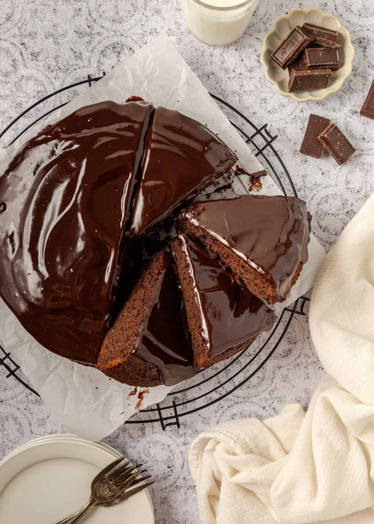 Chocolate Ricotta Cake with slices arranged in a swirl.