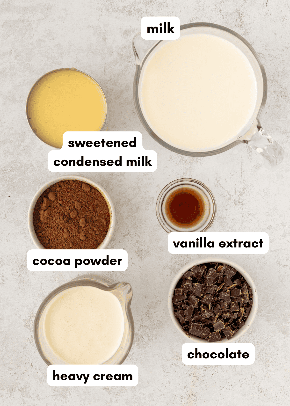 Six labeled bowls and cups with milk, condensed milk, cocoa powder, chocolate, cream, and vanilla.
