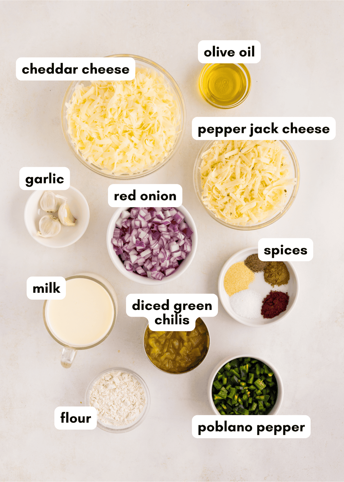 Ingredients for queso dip, including cheeses, onion, garlic, peppers, milk, flour, oil, and spices.